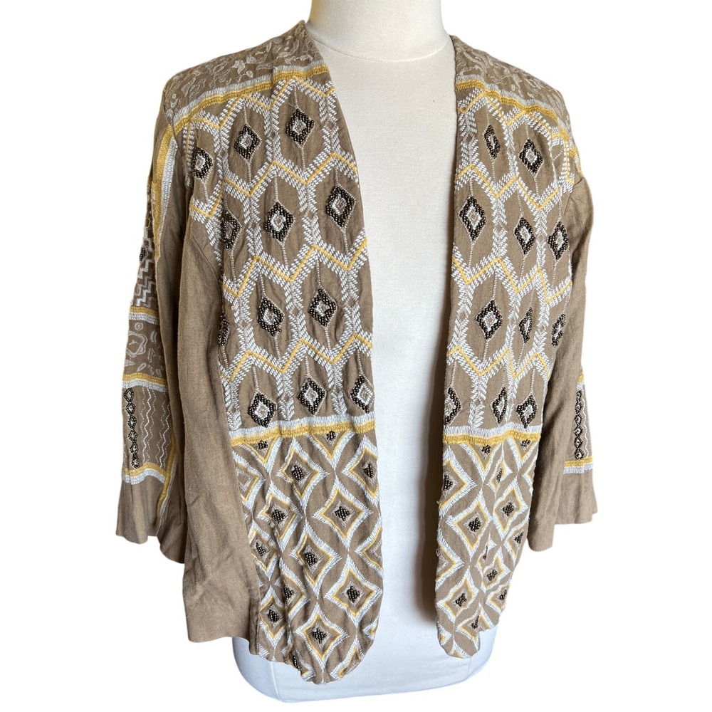 Chico's Tan Linen Blend Embroidered Beaded Open Front Boho Kimono Jacket Sz‎ 2